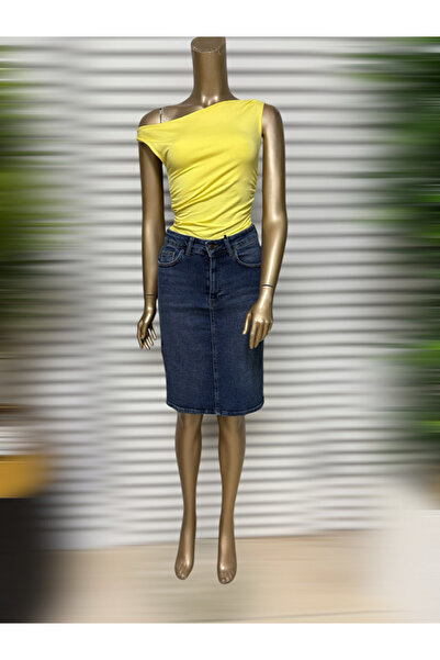 SEMİZ GİYİM Semiz Giyim Midi Boy Lacivert Denim Etek