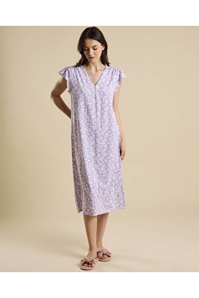 R&B Printed Nightdress with V-Neck and Ruffle Sleeves