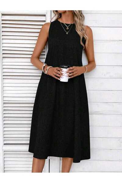 PLA STORE Linen Black Long Dress