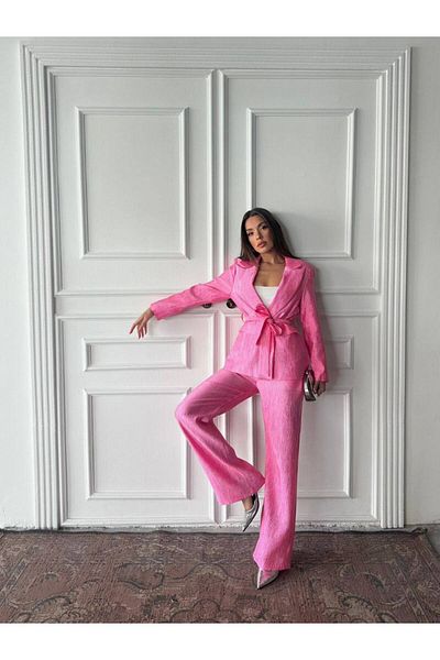 369 etnik butik Belted Blazer Jacket and Wide Leg Pants Set