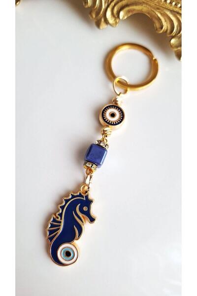 Svc Aksesuar Luxury Souvenir Zircon Stone Seahorse Lucky Lady Luck Dark Blue Keychain with Evil Eye Beads