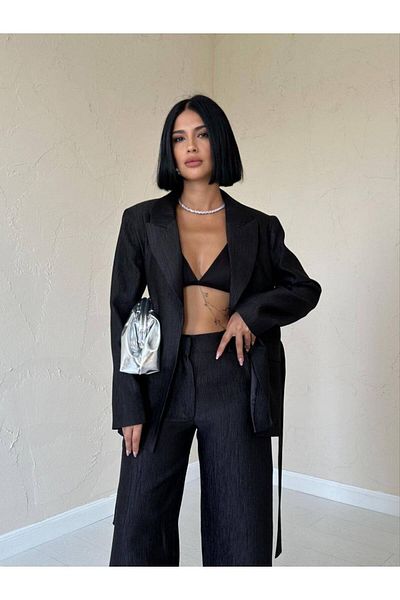 369 etnik butik Belted Blazer Jacket and Wide Leg Pants Set