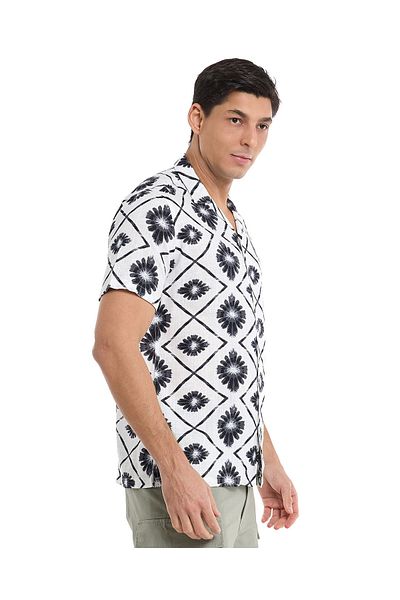 R&B Printed Shirt with Revere Collar and Short Sleeves