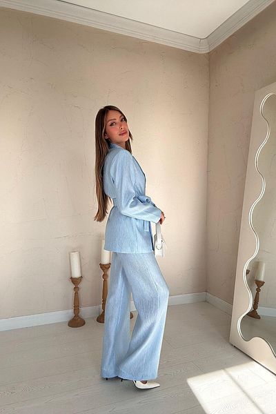 369 etnik butik Belted Blazer Jacket and Wide Leg Pants Set