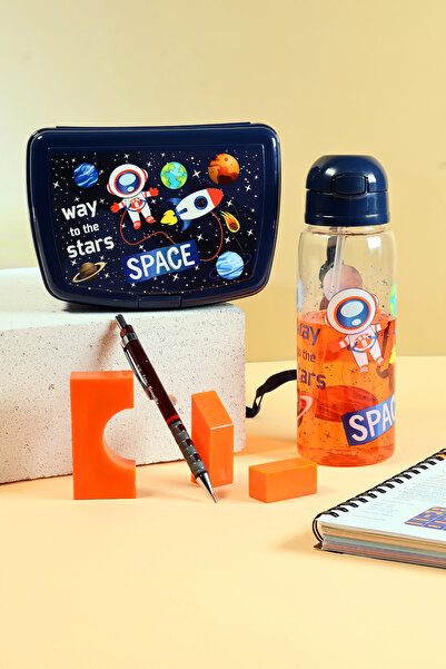 Poomy مجموعة تغذية الأطفال، صندوق غداء مدرسي بطابع الفضاء وزجاجة مياه مع مصاص...