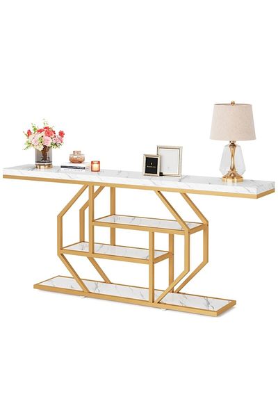 Tribesigns Console Table, Marble Finish, Gold+White, Modern Luxury, 180*30*87 cm