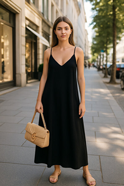 cathe cat Γυναικείο μαύρο μακρύ μαύρο φόρεμα από ύφασμα Aerobin με ρυθμιζόμεν...