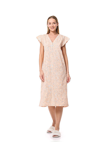 R&B Printed Nightdress with V-Neck and Ruffle Sleeves