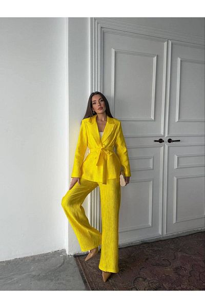 369 etnik butik Belted Blazer Jacket and Wide Leg Pants Set