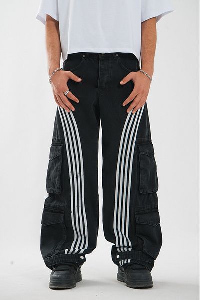 GRJ denim Striped Men's Baggy Cargo Black Jean Trousers