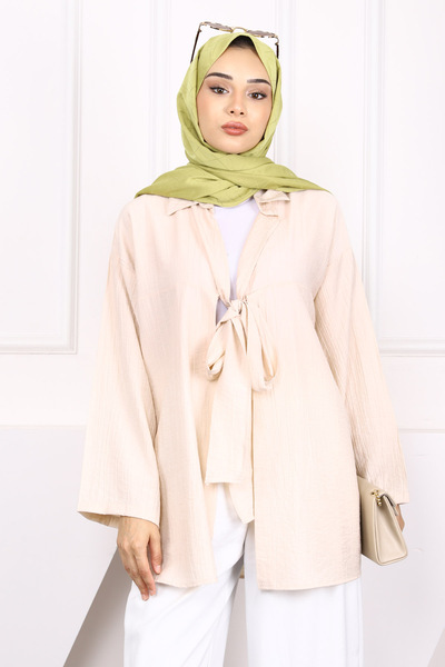 İmajButik Beige Front Tie Modal Kimono