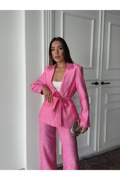 369 etnik butik Belted Blazer Jacket and Wide Leg Pants Set