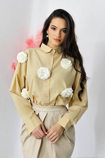 FashionForYou Nice Team cotton shirt, with high lapels and removable handmade flowers, Cream, L