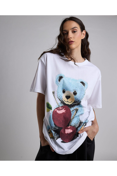R&B Printed Oversized T-Shirt with Crew Neck and Short Sleeves