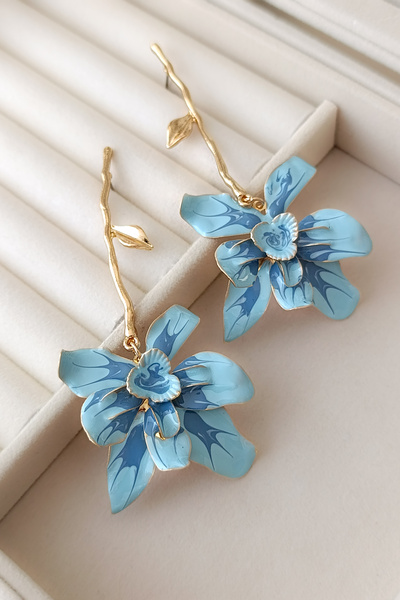 COSİTA Blue Flower Dangle Leaf Detailed Brand Model Long Retro Big Earrings