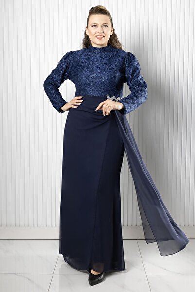 SUBU TASARIM Dantel Şifon Taş Aksesuarlı Büyük Beden Tesettür Abiye Elbise TSB958