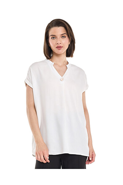 R&B Button Detail Top with Stand Collar and Short Sleeves