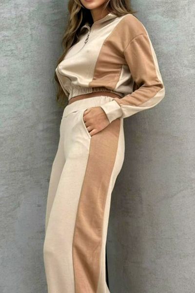 FashionForYou JANA cotton tracksuit, short blouse and flared pants with elastic band, Cream with Beige panel, L