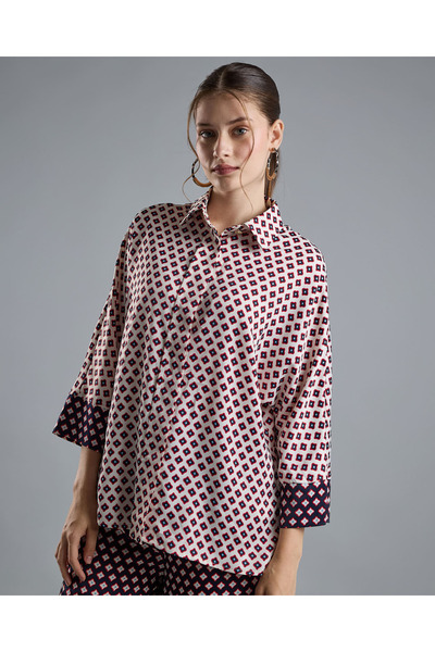 R&B Patterned Shirt with Classic Collar and 3/4 Sleeves