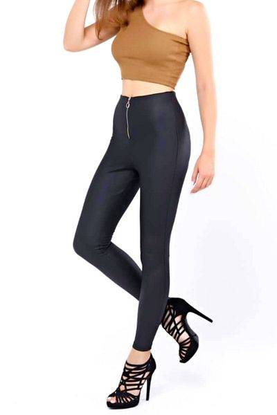 FashionForYou Velly fitness tights, -leather, with zipper and matte look, Black, S