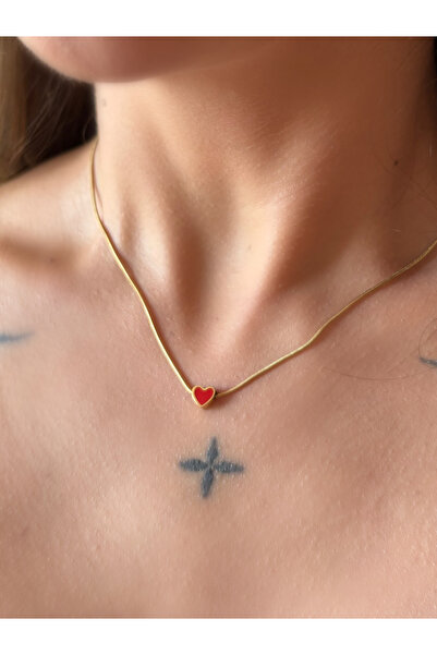lesuvera Paslanmaz Çelik Gold Küçük Kırmızı Kalpli Kolye