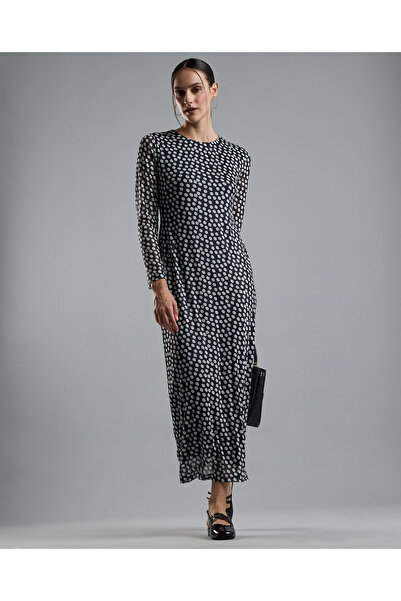 R&B Patterned Sheath Dress with Crew Neck and Long Sleeves