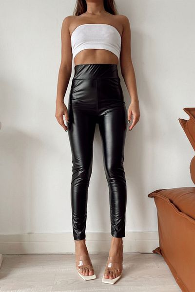 FashionForYou KYO leggings, made of -leather, with high waist and wide band, Black, L