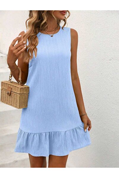 PLA STORE Λινό καλοκαιρινό μπλε φόρεμα