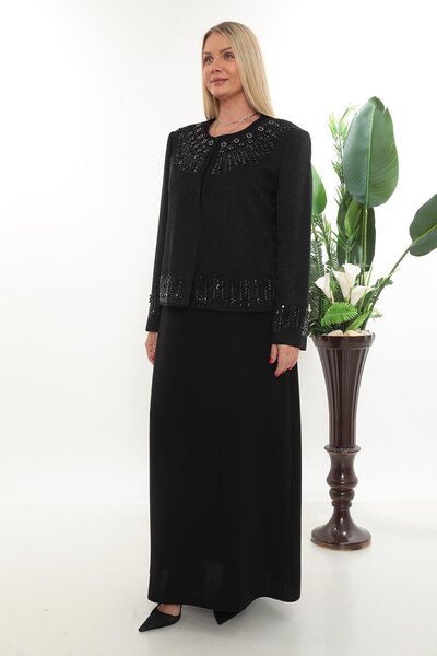 MİSS DİAMOND فستان بمقاس كبير باللون الأسود مع ياقة وسترة مبطنة بالحجارة