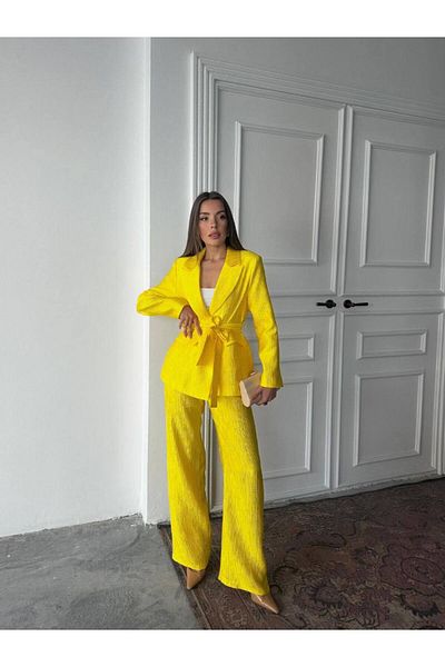 369 etnik butik Belted Blazer Jacket and Wide Leg Pants Set