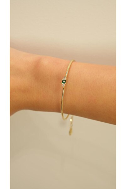 Jerie Zümrüt Yeşili ve Zirkon Taş Detay İnce Kelepçe Bileklik