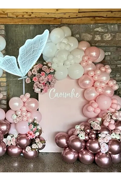 Çemrek Süs Parti مجموعة سلسلة بالونات وردية بيضاء كروم وردية مكونة من 100 قطعة