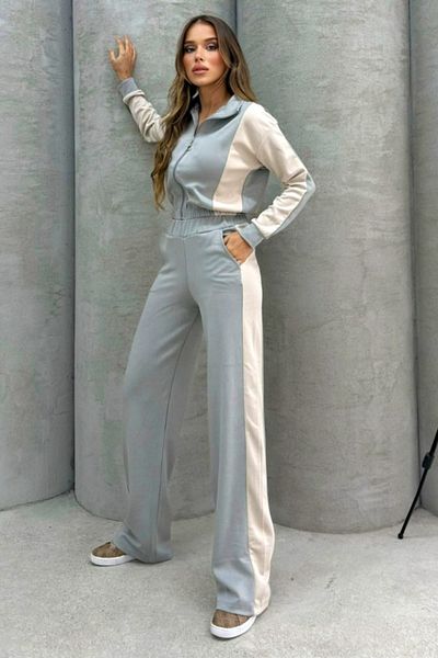 FashionForYou JANA women's tracksuit, with short jacket and loose flared pants, Grey with Cream panel, M
