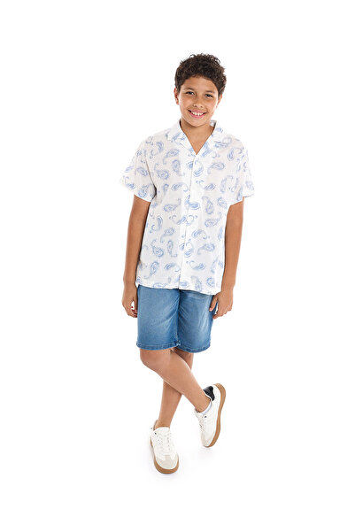 R&B Paisley Patterned Shirt with Revere Collar and Short Sleeves