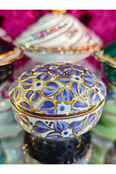 manushum El Boyama Porselen Kapaklı Kuşlu Yuvarlak Lokumluk-mor