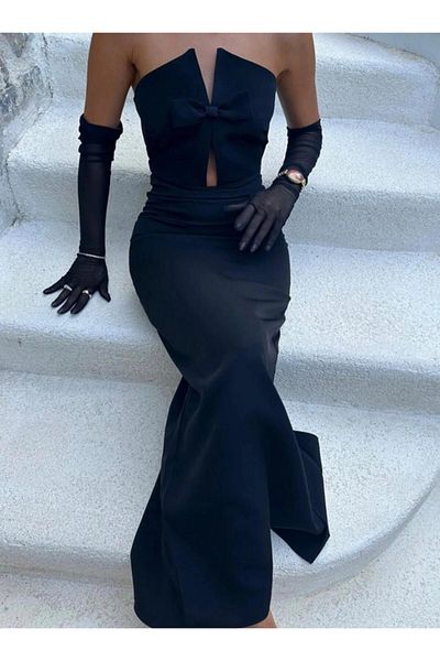 Eyyo Long black dress with neckline and bow detail - L