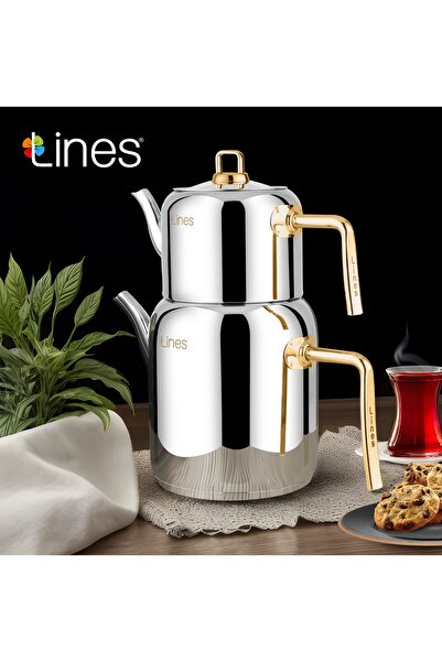 Lines إبريق شاي من الفولاذ المقاوم للصدأ من ميركان بمقبض ذهبي متوسط ​​الحجم