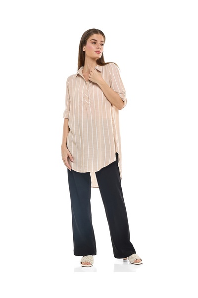 R&B Striped Tunic with Classic Collar and 3/4 Sleeves