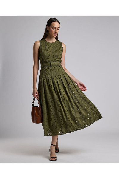 R&B Schiffli Sleeveless Midi Dress with Crew Neck