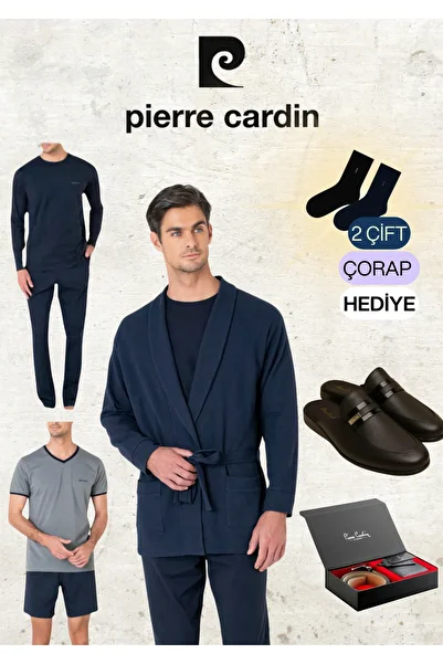 Pierre Cardin 5-Piece 100% Cotton Robdöşambr & Long - Short Sleeve Combed Cotton Pajama Set & Leather Slippers & Belt Wallet Set