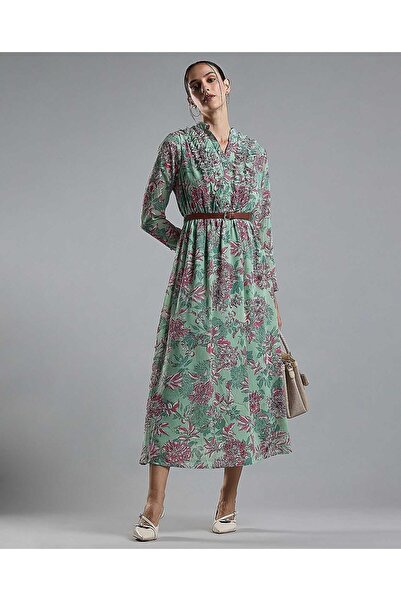 R&B Floral Print Midi Dress with Stand Collar and Long Sleeves