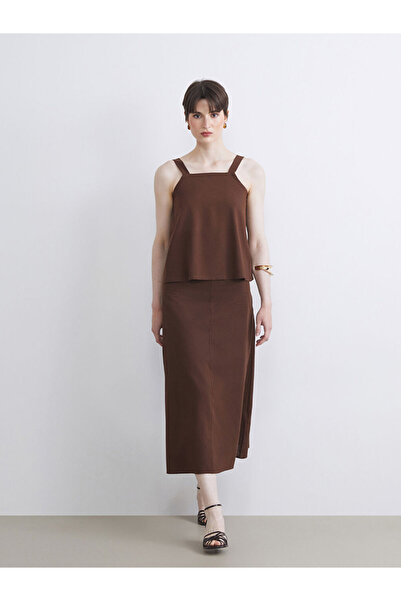 LC Waikiki Brown Belted A-Line Linen Blend Skirt