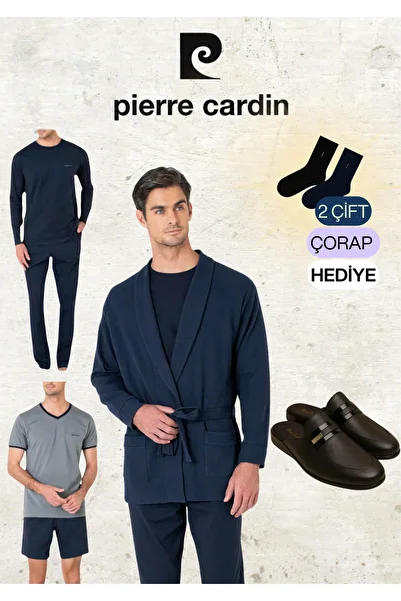 Pierre Cardin 5 Pieces 100% Cotton Robdöşambr & Long Sleeve - Short Sleeve Combed Cotton Pajama Set & Leather Slippers