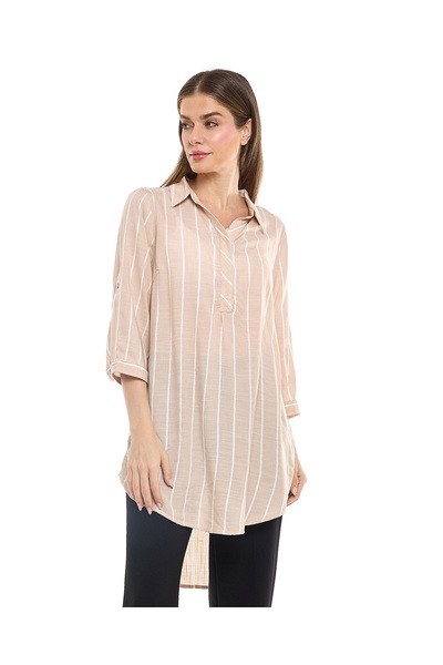 R&B Striped Tunic with Classic Collar and 3/4 Sleeves