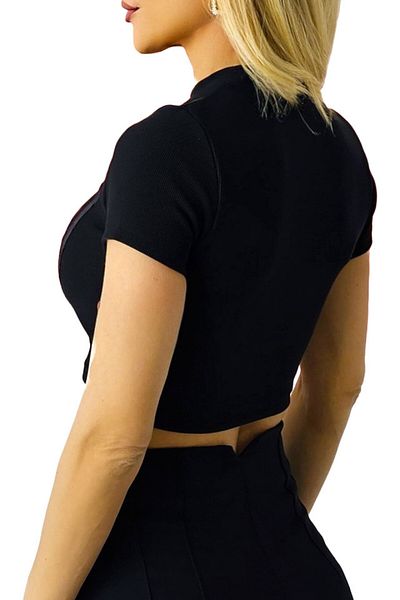 FashionForYou IKA crop T-shirt, with stripes and -leather inserts, Black, S