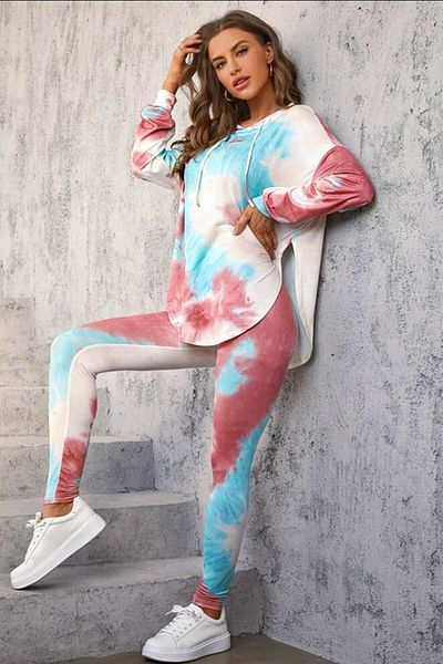 FashionForYou Fussion tracksuit, with pastel print, leggings and long hoodie, Light blue, S