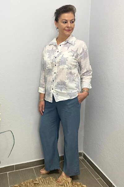 Mia Butik Women's Blue Leaf Patterned Linen Suit