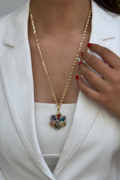 Utku Kuyumculuk 14 AYAR KRİSTAL TAŞLI ÇİÇEK TASARIM ALTIN KOLYE