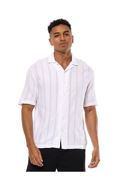 R&B Striped Shirt with Revere Collar and Short Sleeves