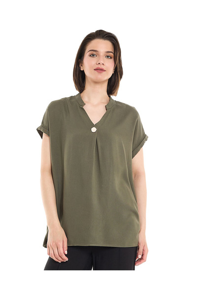 R&B Button Detail Top with Stand Collar and Short Sleeves